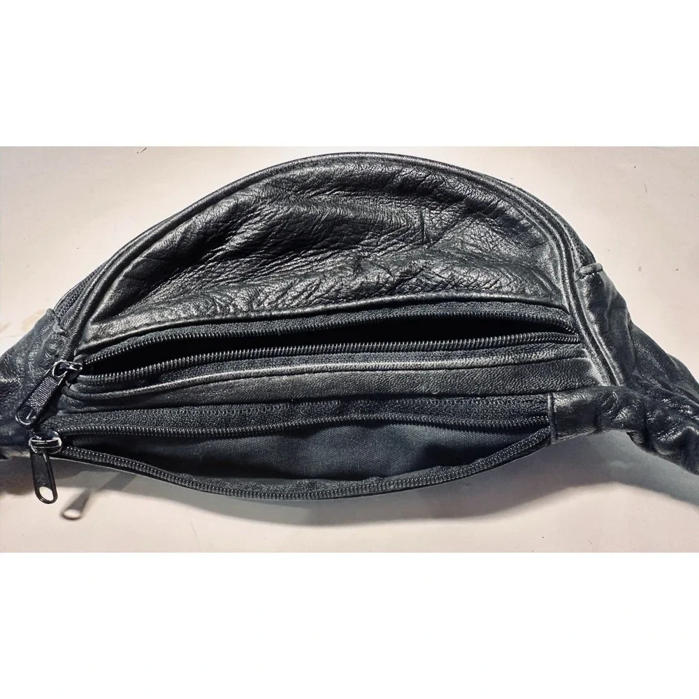 Vintage Black Leather Fanny Pack 80-90s Waist Bum Belly Bag 3 Pockets Adjustable